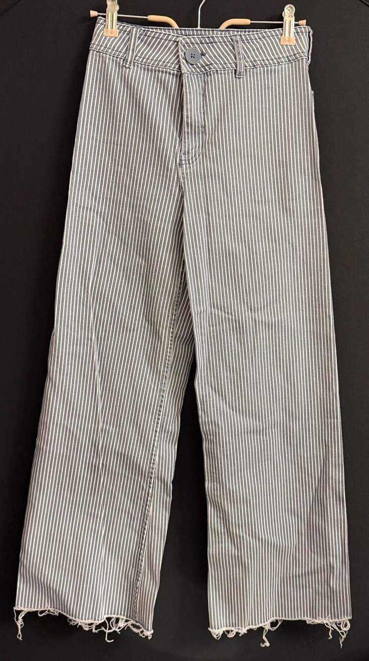 Zara Striped Wide Leg Pants YOUTH Size 13-14 Blue White Raw Hem Denim #0726